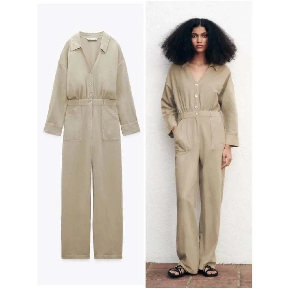 ZARA LINEN BLEND LONG JUMPSUIT SAND